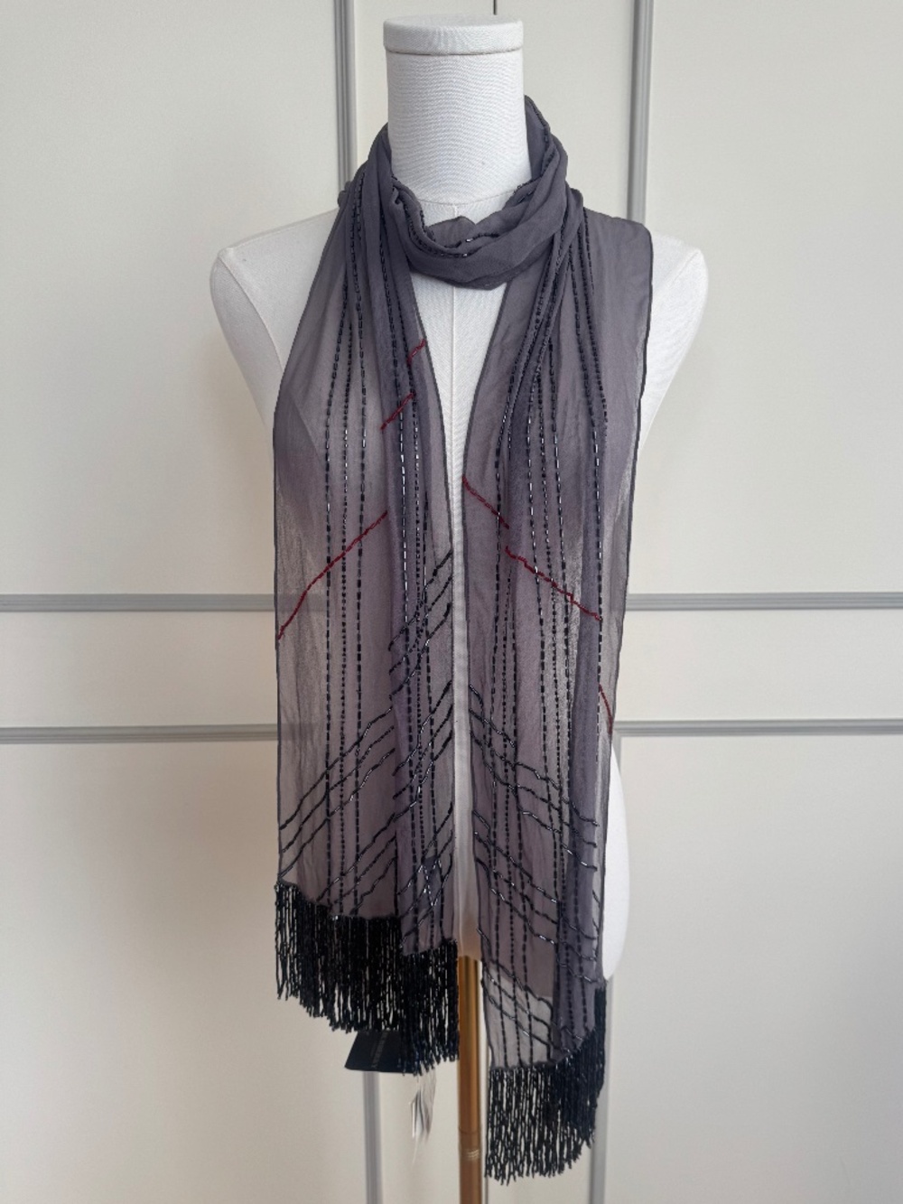NWT- Vintage Rare Burberry Sequined Diagonal Check Silk Scarf with Beaded Fringe